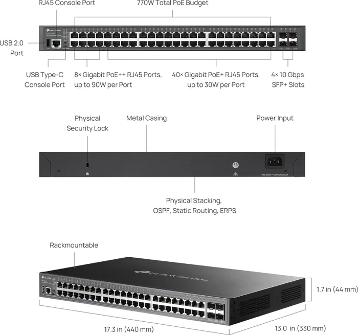 TP-Link Omada SG5400 Rackmount Gigabit Managed Switch, 48x RJ-45, 4x SFP+, 770W PoE++