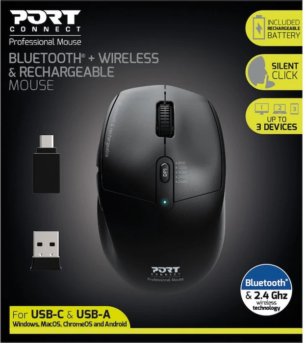 Port Designs Wireless Rechargeable Office Mouse, USB/Bluetooth