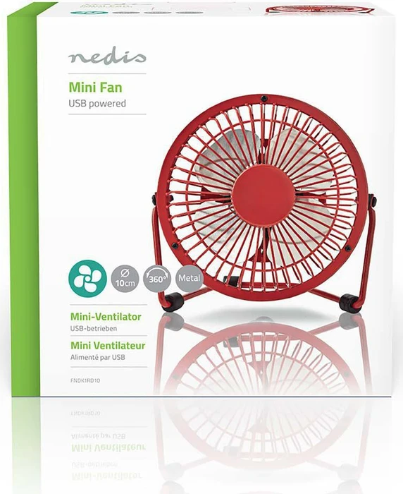 Nedis FNDK1RD10 USB Mini Tischventilator aus Metall 10cm rot
