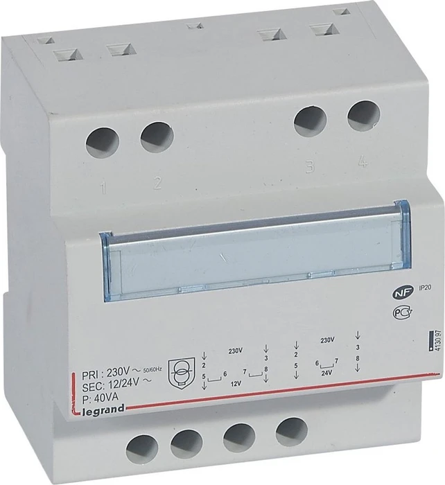 Legrand Sicherheitstransformator, Prim. 230 V/50 Hz, Sek.12V AC oder 24V AC, 40VA, 5TE