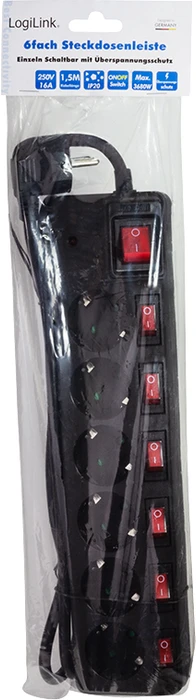 LogiLink Steckdosenleiste, 6-fach, einzeln schaltbar, 1.5m, schwarz