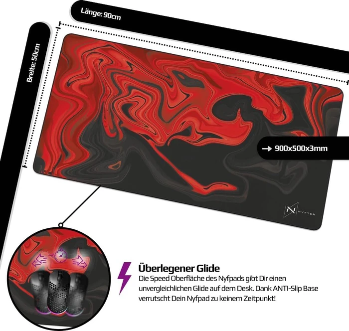 Nyfter Nyfpad XXL Liquid Premium Gaming Mousepad, 900x500mm, Design schwarz/rot