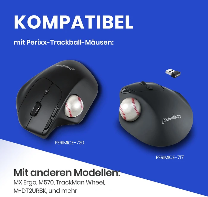 Perixx PERIPRO-303BSB 34mm für Perimice und Logitech M570, Ersatz-Trackball, Baseball, weiß/rot