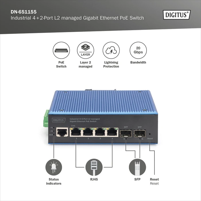 Digitus DN-65 Industrial Railmount Gigabit Managed Switch, 4x RJ-45, 2x SFP, PoE+