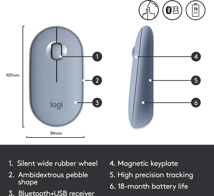 Logitech M350 Pebble Wireless Mouse Blue Grey, USB/Bluetooth