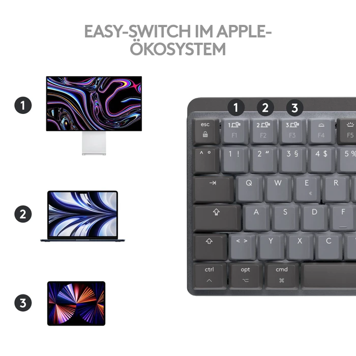 Logitech MX Mechanical Mini for Mac, Space Gray, LEDs weiß, Logi Bolt, Kailh Choc V2 LOW PROFILE BROWN, USB/Bluetooth, CH