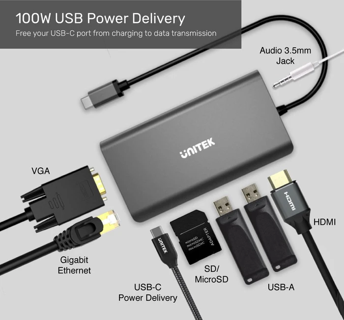 Unitek uHUB 08+ 8-in-1, USB-C 3.0 [Stecker]
