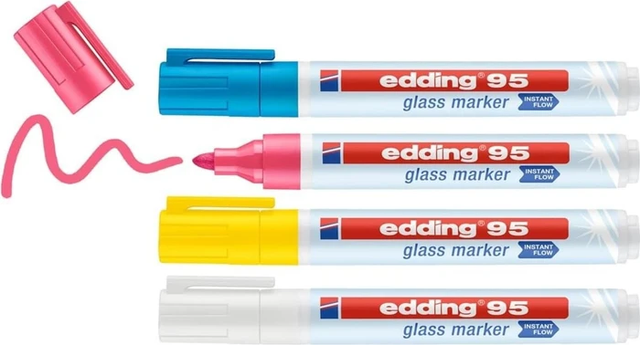 edding 95 Glasmarker weiß/hellblau/pink/gelb, 4er-Set, Etui mit Aufhängelasche