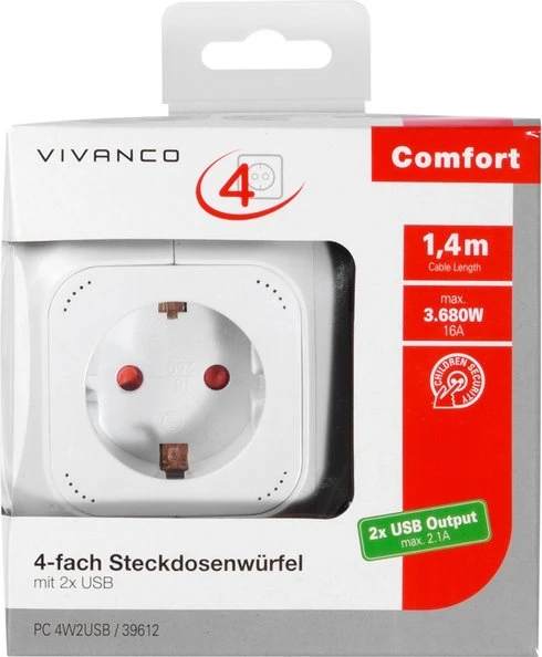 Vivanco Steckdosenwürfel PC 4W2USB Schuko/USB, 4-fach, 1.4m, weiß