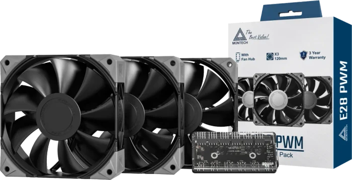 Montech E28 PWM, schwarz, Lüftersteuerung, 120mm, 3er-Pack