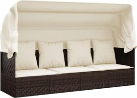 vidaXL Polyrattan Outdoor-Loungecouch mit Dach & Kissen braun/cremeweiß