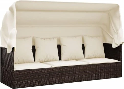 vidaXL Polyrattan Outdoor-Loungecouch mit Dach & Kissen braun/cremeweiß