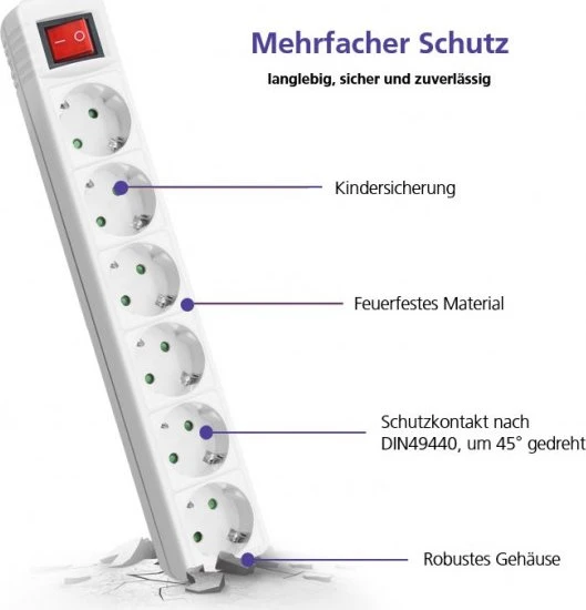 Helos CLASSIC Steckdosenleiste mit Schalter, 6-fach, 3m, weiß