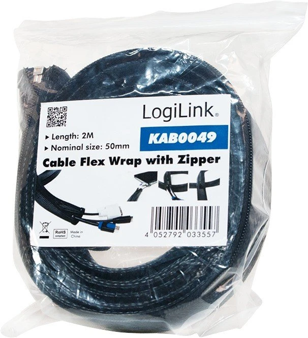 LogiLink Flexibler Kabelschutz Kabelmanagement mit Reißverschluss, 35mm, 2m, schwarz