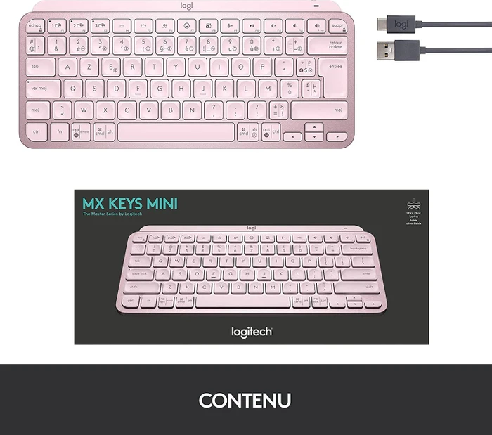 Logitech MX Keys Mini, rosa, LEDs weiß, Logi Bolt, Rose, USB/Bluetooth, FR