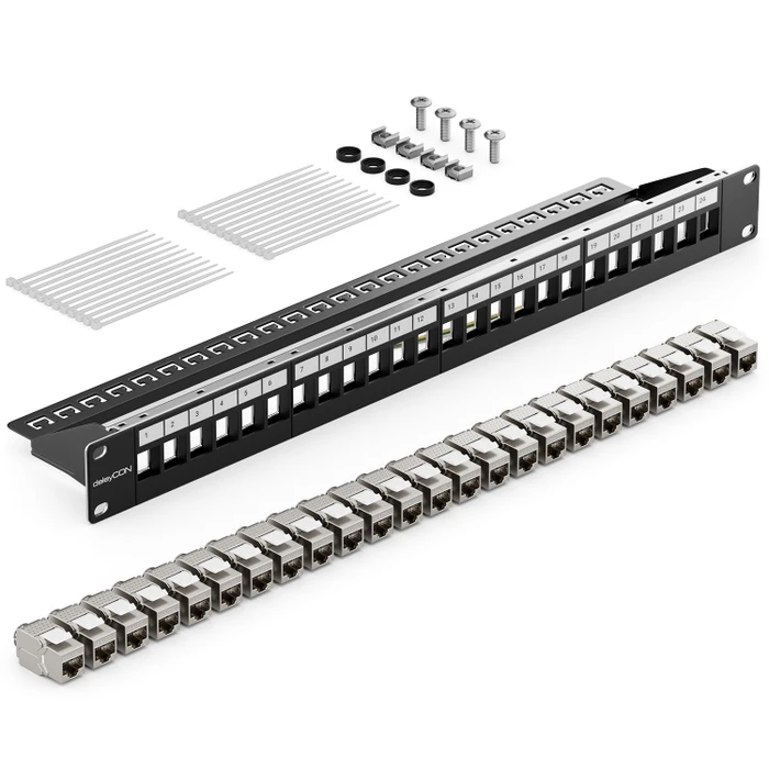deleyCON Patchpanel für Keystone Module 19", 1HE, schwarz, inkl. RJ-45 Cat6a Module, 24-Port, 19", 1HE