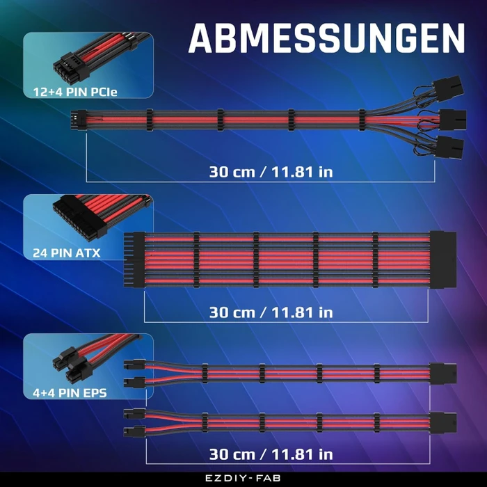 EZDIY-FAB 12VHPWR Cable Kit, 1x 24-Pin, 2x 4/8-Pin ATX, 1x 12VHPWR/3x 8-Pin PCIe, 16AWG, schwarz/rot