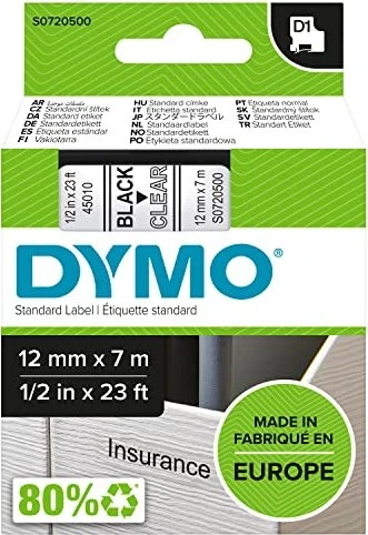 Dymo D1 Beschriftungsband, 12mm, schwarz/transparent