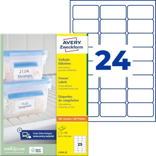 Avery-Zweckform Tiefkühletiketten, 63.5x33.9mm, weiß, 25 Blatt (600 Etiketten)