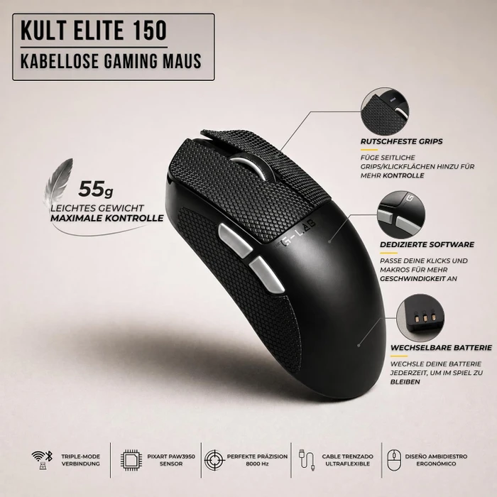 The G-Lab Kult Elite M150 8KHz Wireless Gaming Mouse, schwarz, USB/Bluetooth