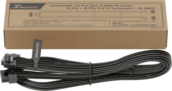 Seasonic 12VHPWR Cable, 600W PCIe 5.0 12VHPWR, 2x 8-Pin PCIe Stecker auf 16-Pin PCIe 5.0 12VHPWR Stecker, Adapterkabel, schwarz, 75cm