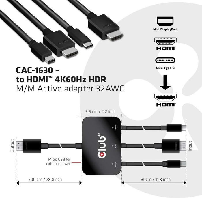 Club 3D aktiver USB-C/HDMI/Mini DisplayPort auf HDMI 2.0 Adapter