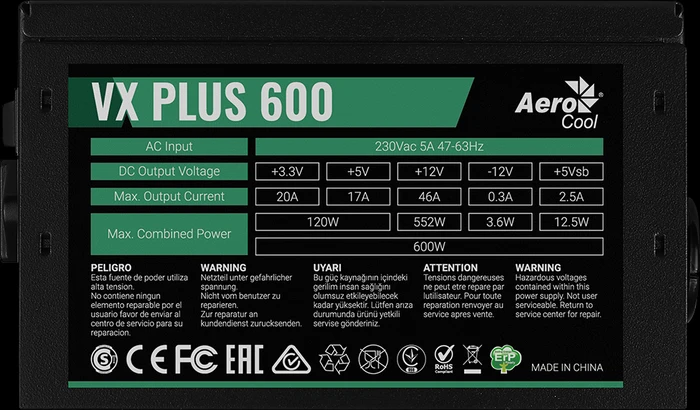 AeroCool VX-PLUS-600 600W, ATX 2.3