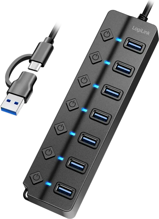 LogiLink USB 3.2 Gen1 Hub mit Ein-/Aus-Schalter, 7x USB-A 3.0, USB-C/USB-A 3.0 [Stecker]