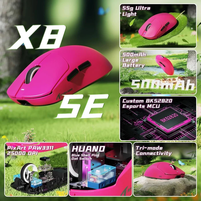 Attack Shark X8 SE Tri-mode Wireless Gaming Mouse, Berry Red, USB/Bluetooth