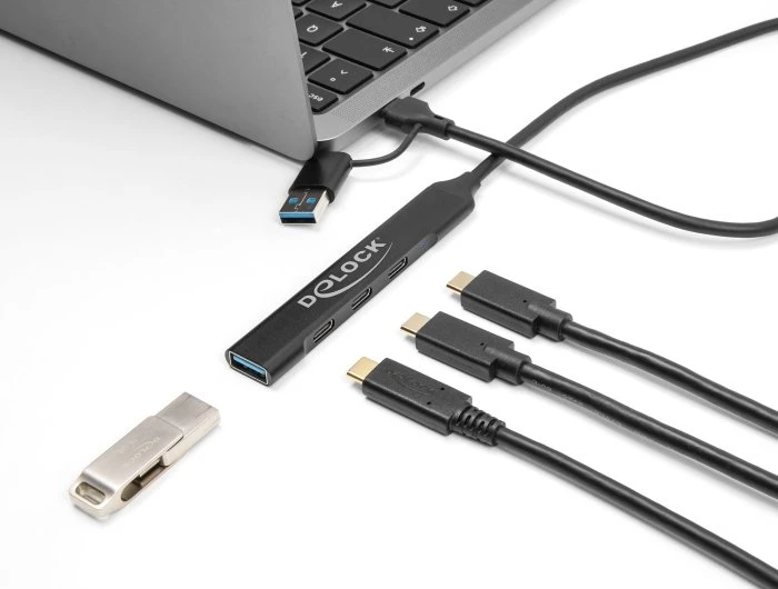 DeLOCK 4-Port Slim USB-Hub, 3x USB-C 3.0, 1x USB-A 3.0, USB-A/USB-C 3.0 [Stecker]