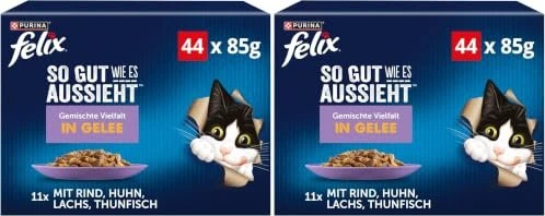 Purina Felix So gut wie es aussieht Gemischte Vielfalt in Gelee, Multi Pack mit Rind, Huhn, Thunfisch und Lachs, 3.74kg (44x 85g)