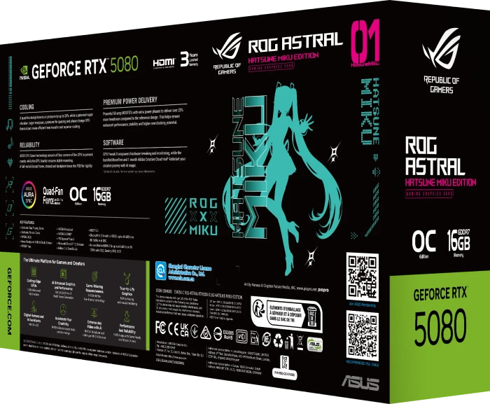 ASUS ROG Astral GeForce RTX 5080 Hatsune Miku Edition, ROG-ASTRAL-RTX5080-O16G-HATSUNE-MIKU-EDITION, 16GB GDDR7, 2x HDMI, 3x DP