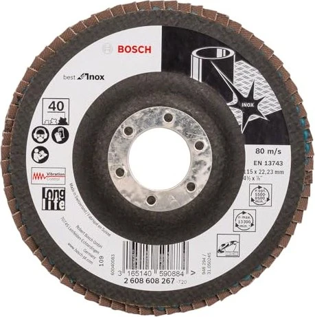 Bosch Professional X581 Best for Inox Fächerschleifscheibe gerade K40, 115x22.23mm, 1 Stück