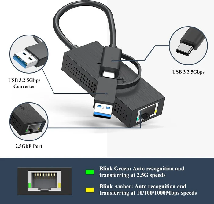 Wavlink WL-NWU331GCA, 2.5G LAN-Adapter, RJ-45, USB-C 3.0/USB-A 3.0 [Stecker]