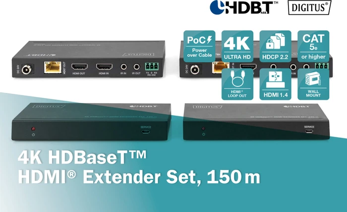 Digitus HDMI Extender Set Extender HDBaseT 1.0, 4K, 60Hz, Cat6a/7/8, 120m