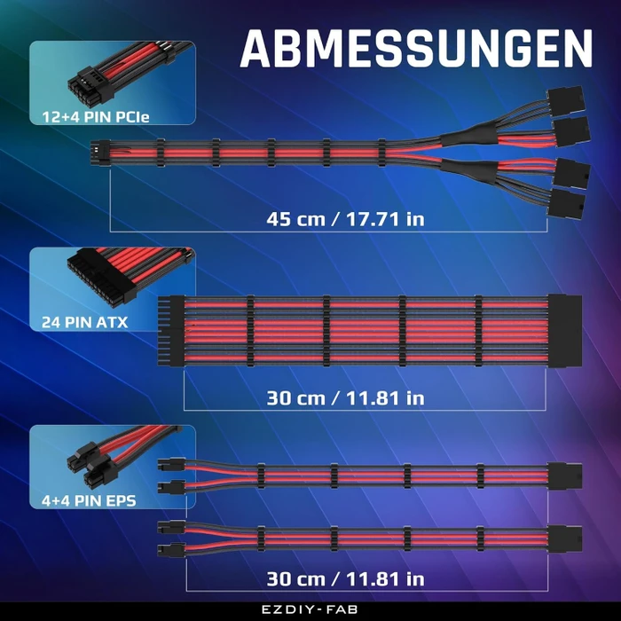 EZDIY-FAB 12VHPWR Cable Kit, 1x 24-Pin, 2x 4/8-Pin ATX, 1x 12VHPWR/4x 8-Pin PCIe, 16AWG, schwarz/rot