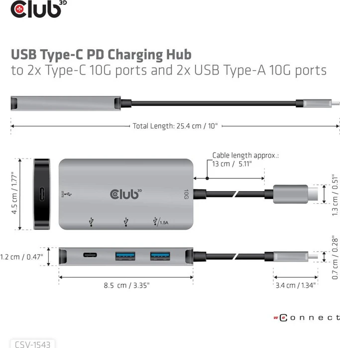 Club 3D PD Charging USB-Hub, 2x USB-C 3.1, 2x USB-A 3.1, USB-C 3.1 [Stecker]