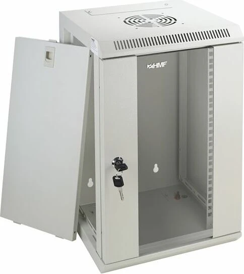HMF Serverschrank 10" 9HE, Sicherheitsglastür, IP2X, grau, 300mm tief
