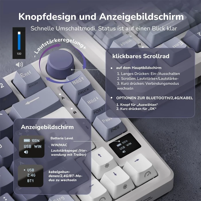 RK Royal Kludge M75 Wireless, weiß/violett, LEDs RGB, hot-swap, RK BROWN, USB/Bluetooth, DE