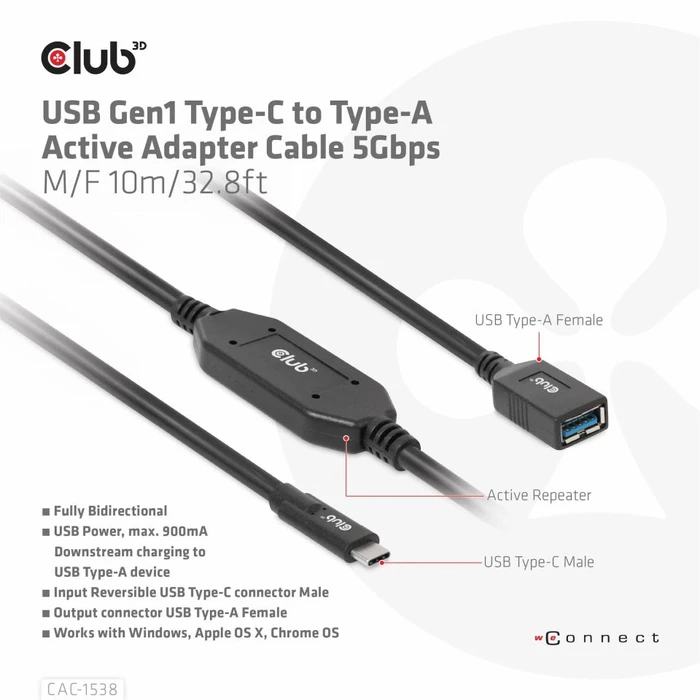 Club 3D USB-C 3.0 Kabel, aktiv, 5Gb/s, USB-C 3.0 Stecker auf USB-A 3.0 Buchse, 10m
