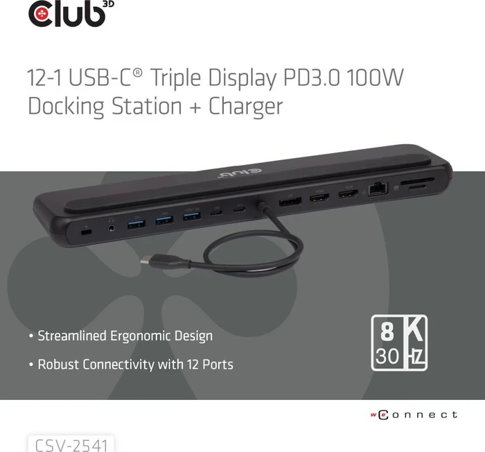 Club 3D 12-in-1 Triple-Display-Dockingstation mit Ladegerät, USB-C 3.1 [Stecker]