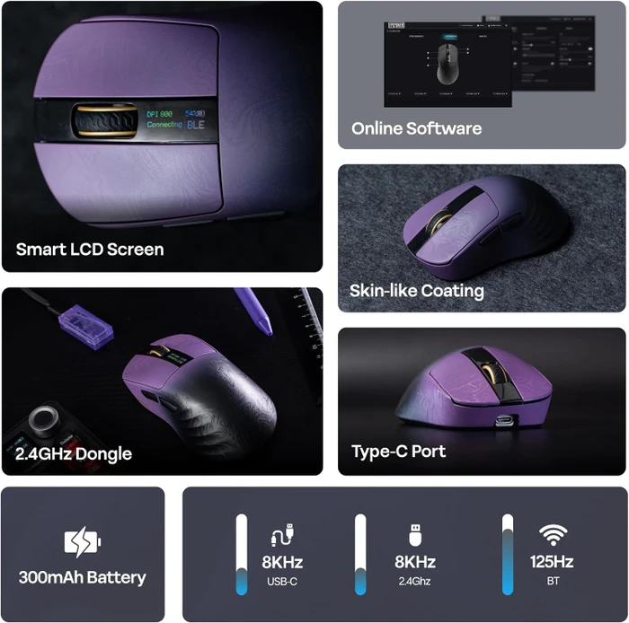 Epomaker Carbonis 8KHz Wireless Gaming Mouse, Black Purple, USB/Bluetooth