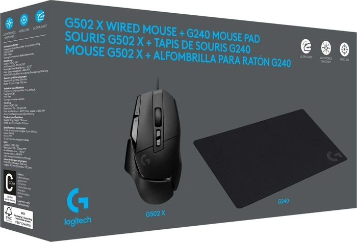 Logitech G502 X Gaming Mouse schwarz + G240 Mousepad schwarz, USB