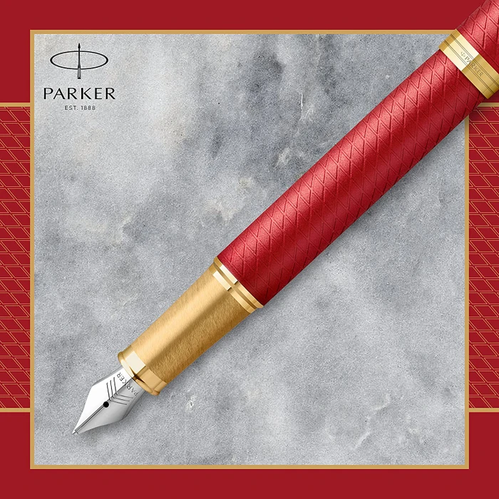 Parker IM Premium red lacquer/gold trim, rechte Hand, fein, Geschenkbox