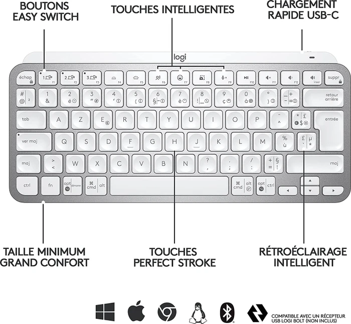 Logitech MX Keys Mini, LEDs weiß, Logi Bolt, Pale Gray, weiß/grau, USB/Bluetooth, FR