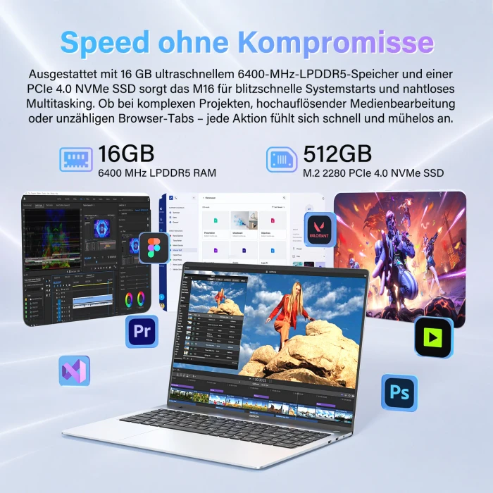 Geekom GeekBook M16, grau, Core Ultra 9 185H, 16GB RAM, 512GB SSD, DE