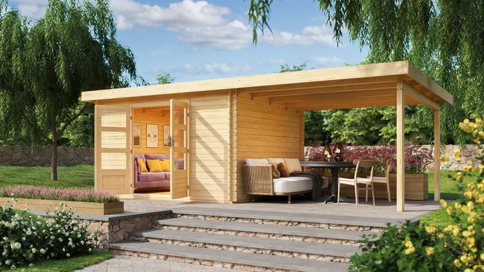 Karibu Bastrup 7 Gartenhaus inkl. Anbau 3m natur