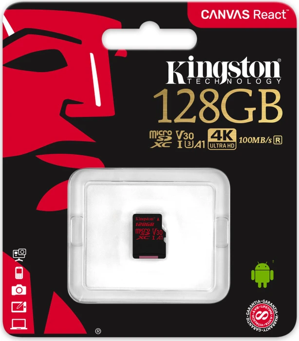 Kingston Canvas React R100/W80 128GB, UHS-I U3, A1, Class 10