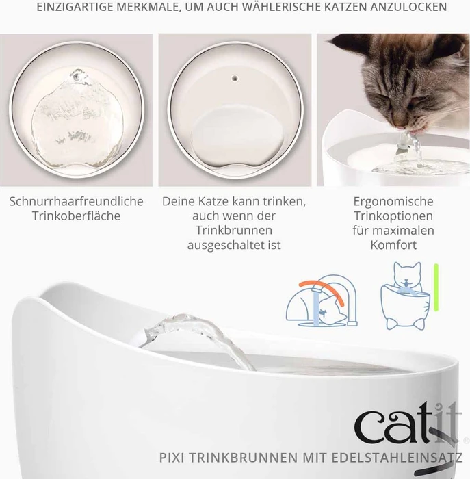 Catit PIXI Trinkbrunnen, LED-Statusanzeige, Trockenlaufschutz, Edelstahleinsatz, 2.5l, weiß