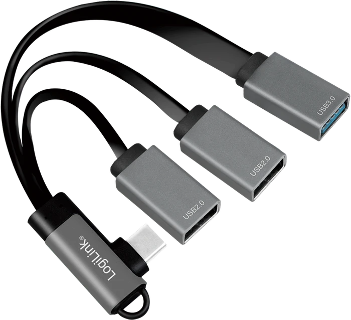 LogiLink Kabelpeitsche USB-Hub, 1x USB-A 3.0, 2x USB-A 2.0, 90° gewinkelt USB-C 3.0 [Stecker]